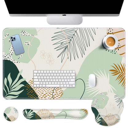 Britimes Keyboard Mouse Pad Set 4in1 Large Mousepad+Keyboard Wrist Rest+Mouse Wrist Rest+Coaster Set with Ergonomic Design for Home Office Computer 35.4x15.7Inches (Green Boho Leaves)