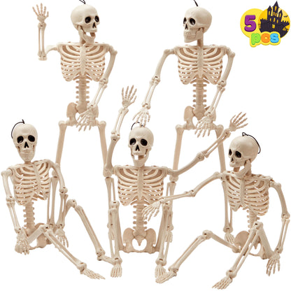 JOYIN 5 PCS Posable Halloween Skeleton Decor 16 Inches, Full Body Posable Joints Hanging Skeletons for Halloween Decorations, Graveyard Props, Haunted House Accessories, Spooky Scene Party Favors