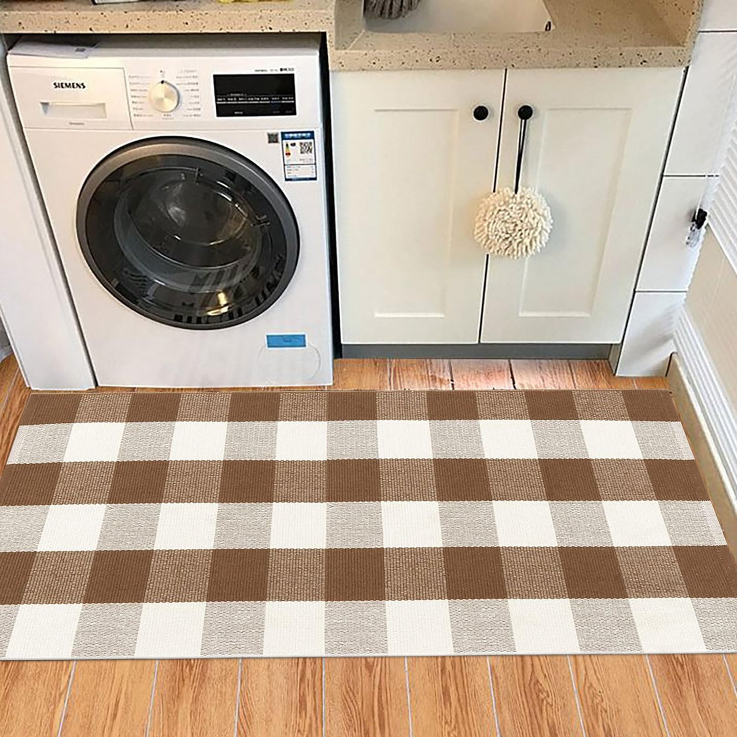 Buffalo Plaid Outdoor Rug Doormat Farmhouse Checkered Front Porch Rug Machine Washable Woven Cotton Layered Door Mats for Indoor Entryway Kitchen Bedroom (24"x51", Coffee and White)