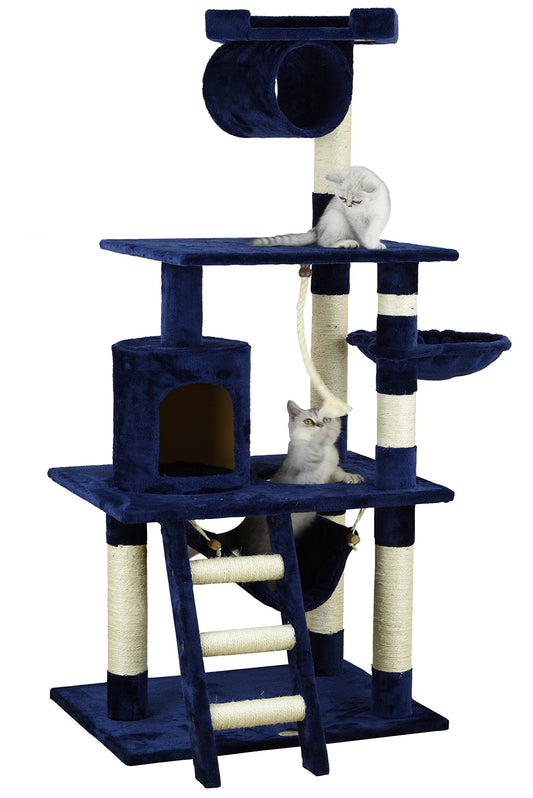 Go Pet Club - 62" Tall Cat Tree - Cat Tower with Scratching Post - Cat Tower for Indoor Cats - Multi-Level Condo, Hammock, Basket Bed - Blue