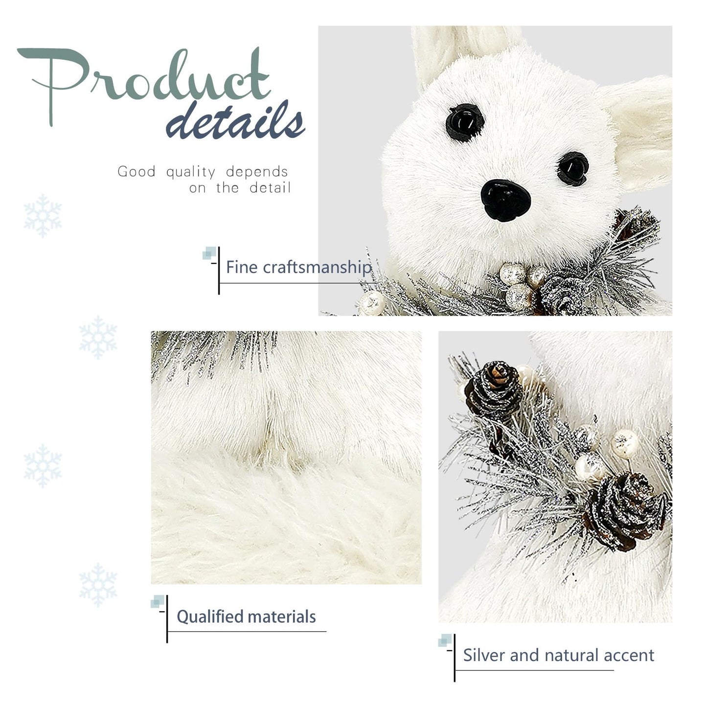 naturevibe 11.6 Inches Sisal Arctic Fox Figurine with Silver Garland Set of 2, Realistic Woodland Christmas Decor Animals as Winter Wonderland Decorations,Christmas Centerpiece or Fireplace Decor