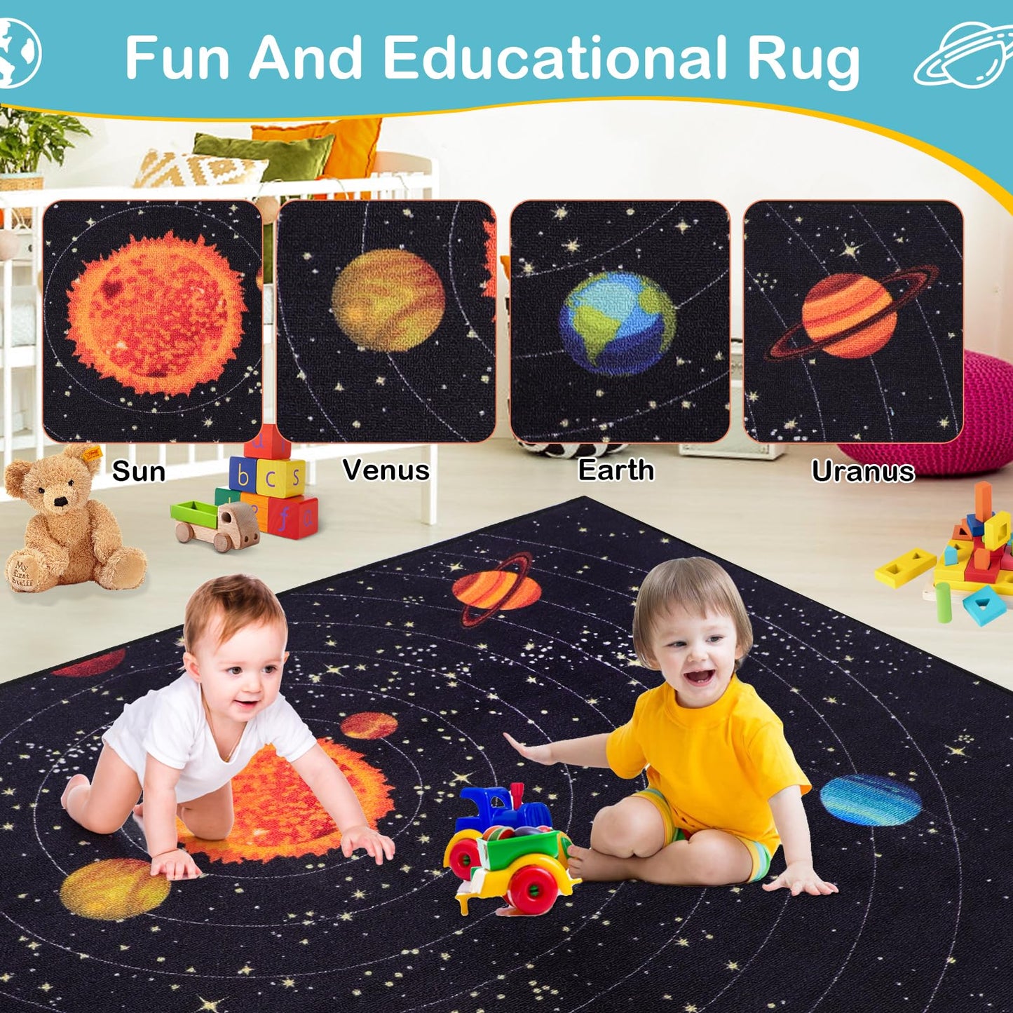 PCSWEET HOME Outer Space Kids Rug for Bedroom Educational Rug for Playroom 4' 11" x 6' 7" Washable Kids Play Mat for Living Room Large Area Rug for Living Room