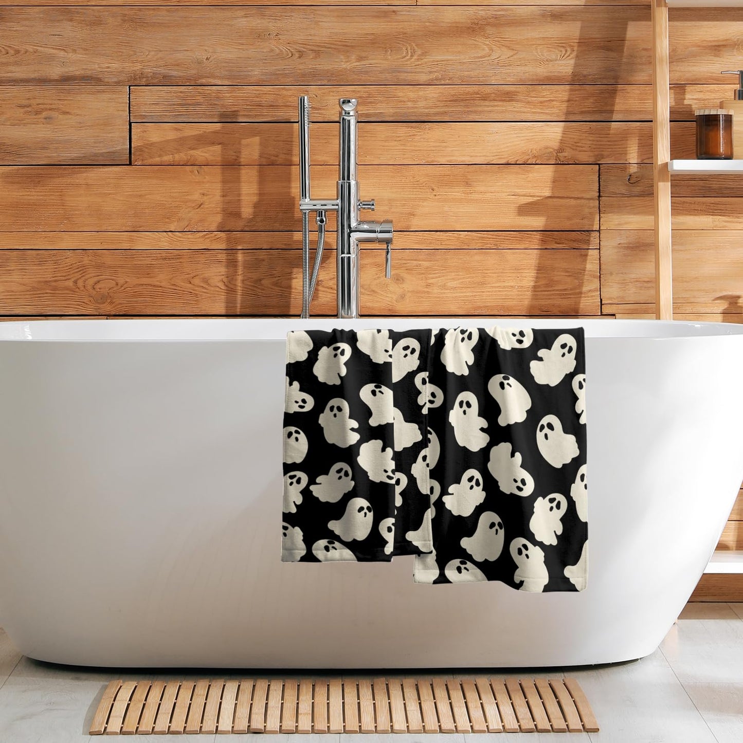 Granbey Halloween Ghost Hand Towels Pack of 2 White Spooky Ghost Black Face Towel 28.3x14.4 Inch Happy Halloween Holiday Decorative Super Soft Kitchen Towels for Bathroom Home Hotel Gym