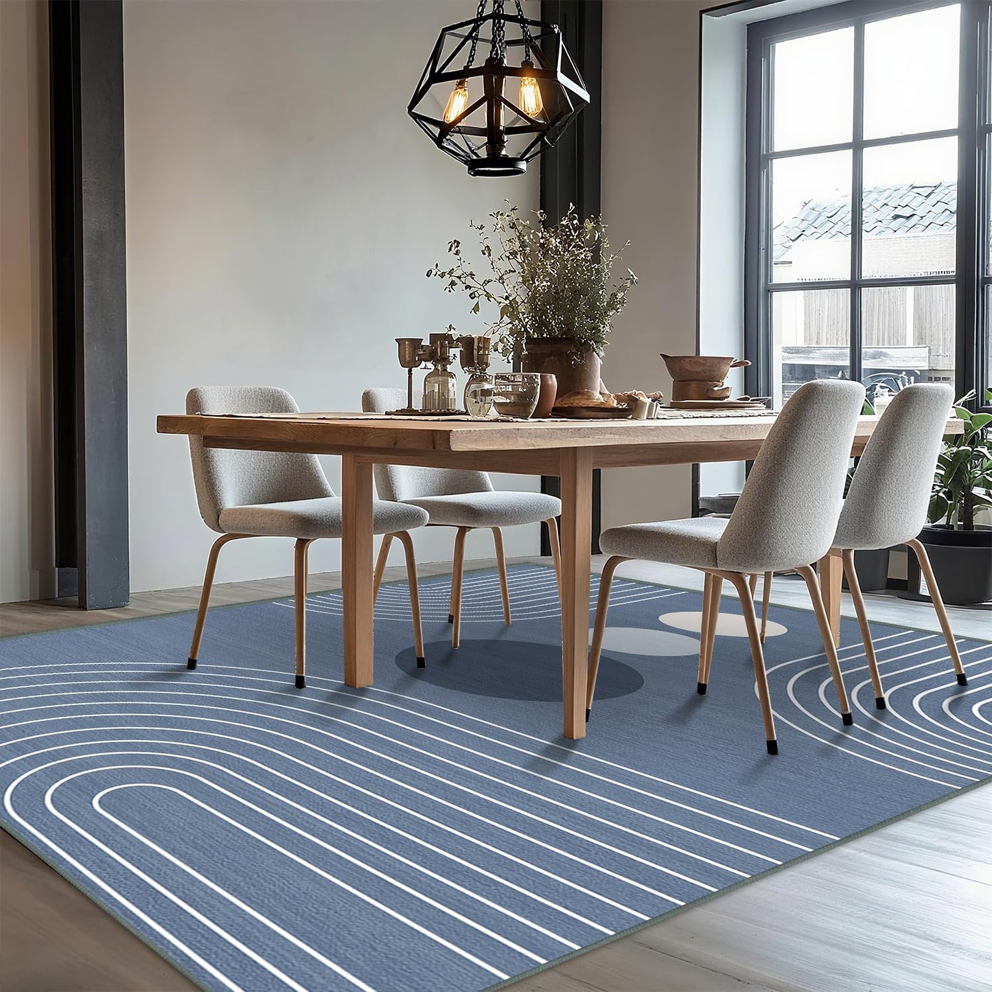 Area Rug 5x7 Boho Modern Minimalist Geometric Abstract Rug Dusty Blue Mid Century Modern Rug for Living Room Machine Washable Non-Slip Printed Low Pile Indoor Carpet for Bedroom Dining Room Office
