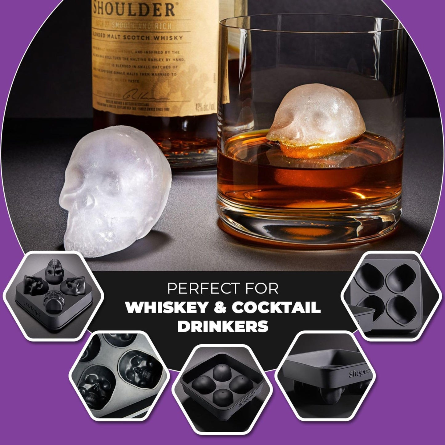 ShapedIceMolds 3D Large Skull Ice Cube Mold Tray, Round Whiskey Ice Mold with Lid for Whiskey Drinkers, Bartenders, Gift Exchanges, Home Bar Enthusiasts and Holiday Gifts