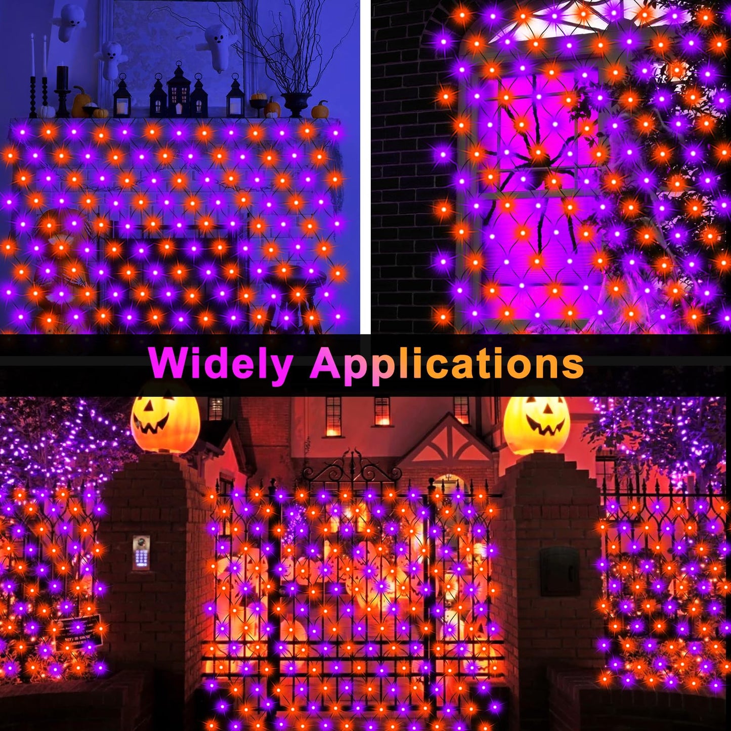 echosari Halloween Net Lights Battery Operated, 5ft ×5ft 100 LED Net Lights with Remote Timer Dimmable Garden Mesh Lighting for Bush Fence Wall Party Decor (Purple Orange)