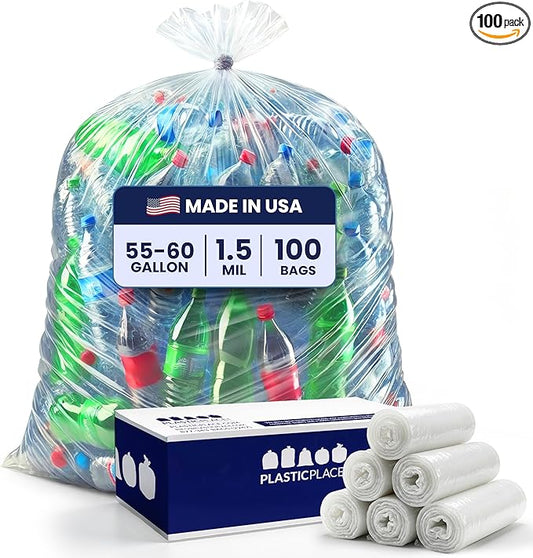 Plasticplace 55-60 gallon Trash Bags │ 1.5 Mil │ Clear Heavy Duty Garbage Can