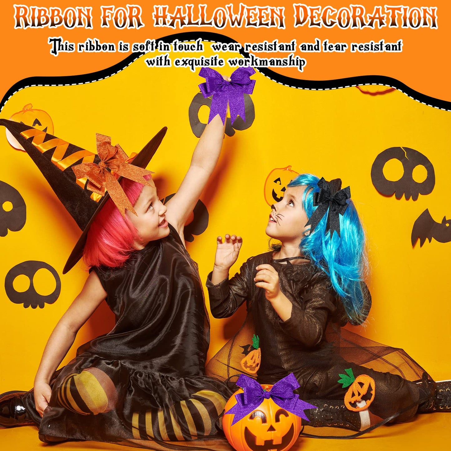 Juinte 3 Roll 30 Yards Halloween Glitter Wired Ribbon Halloween Party Favors Decor Gift Wrapping Ribbon for Craft Headband Bow Decor(1.5 Inch,Black, Orange, Purple)