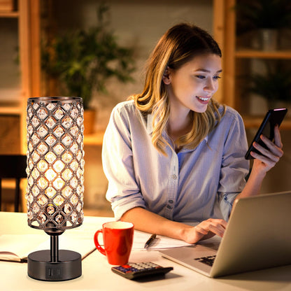 Hong-in Crystal Table Lamp,Black Lamp with USB C+A Ports, 3 Way Dimmable Light with Crystal Lampshade, Bedside Lamp Small Touch Light for Living Room Bedroom, Charge Phone (Bulb Included)