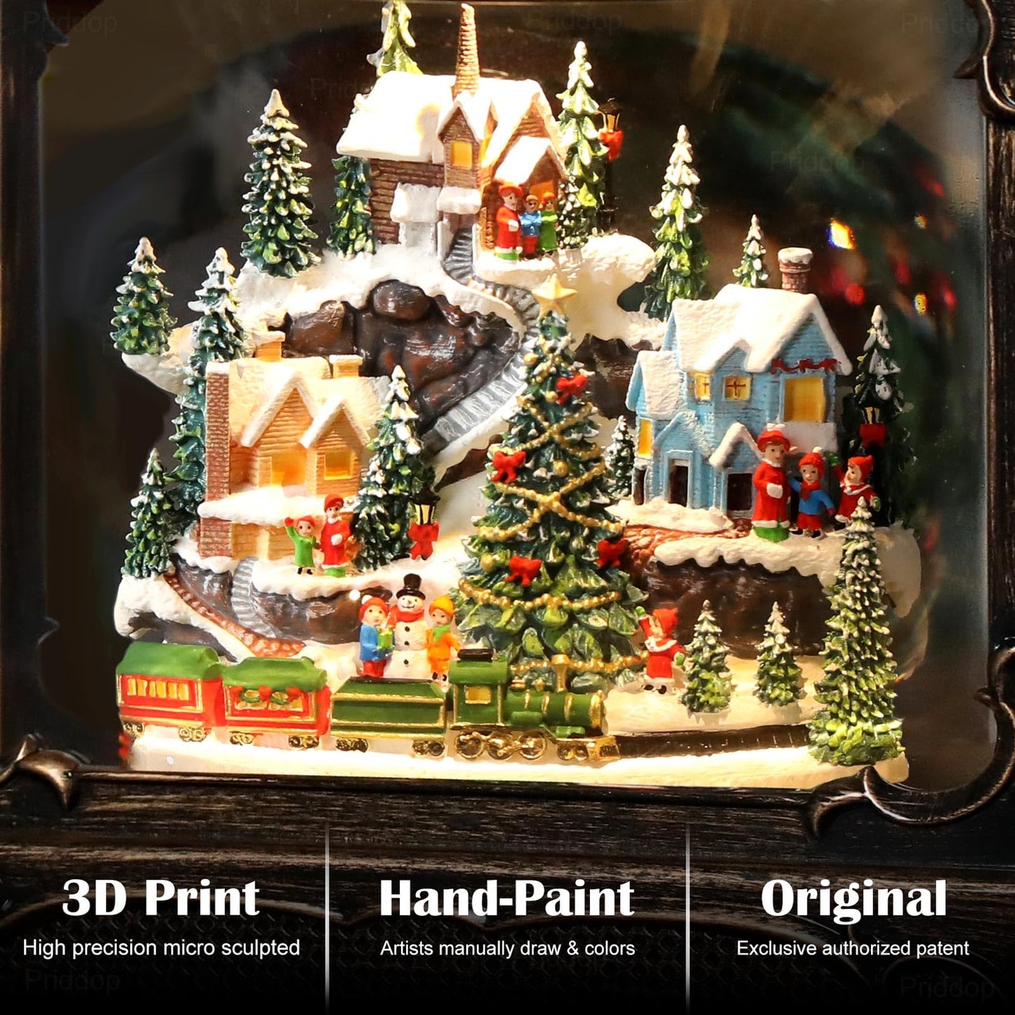 Priddop Christmas Snow Globe Lantern Christmas Decorations Gifts Snowy Village Scene Snowman Church Cabin Train Musical Glitter Snowfall USB/Battery Timer 12 inch