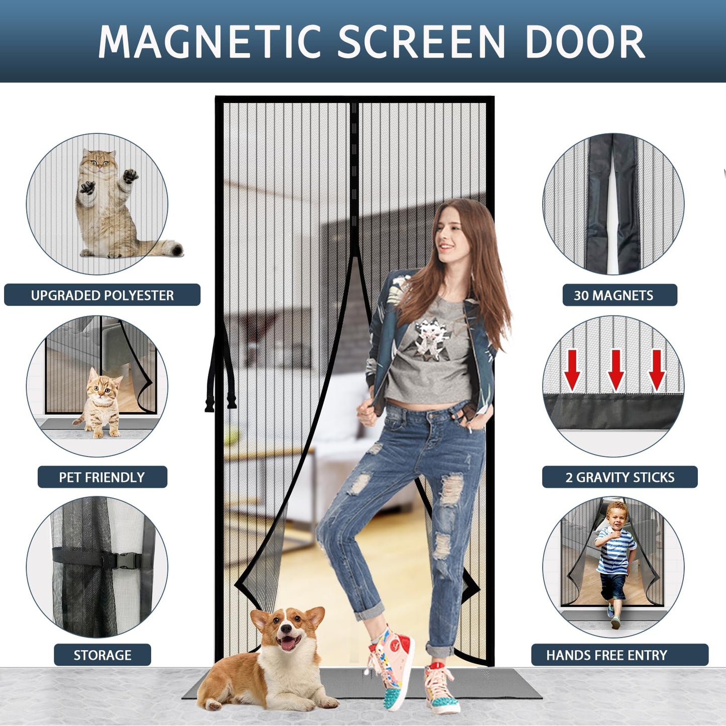 YRH Magnetic Screen Door with Stay Open Buckles - Heavy Duty Self-Sealing Mesh,Powerful Magnets,Full Frame Magic Tape (Fit for Door Size:32x78 Inch,Screen Itself Size:34x80 Inch, Black)