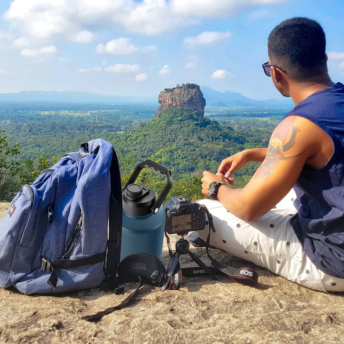 BJPKPK One Gallon(128 oz) Insulated Water Bottle, Dishwasher Safe Stainless Steel Thermo, BPA Free Jug with Ergonomic Handle & Anti-slip Bottom, Large Water Bottle, Navy Blue