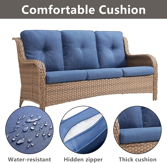 Patio Furniture Swivel Chairs Set - 8 Piece Wicker Rattan Outdoor Sectional Conversation Sets with 4 Swivel Rocking Chairs,2 Ottomans,1 Sofa and 1 Coffee Table for Porch Deck Garden(Yellow/Blue)