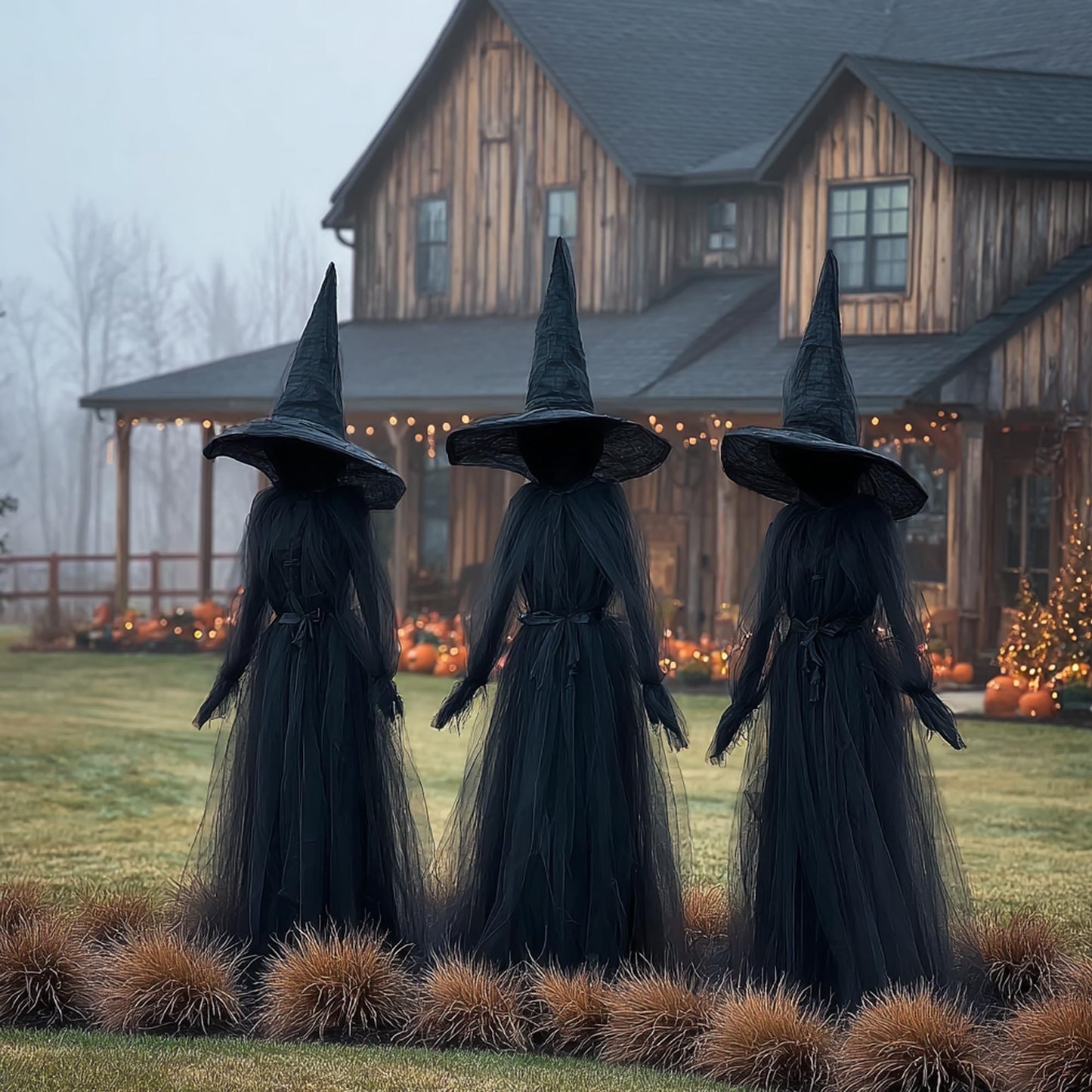 Hourleey Halloween Decorations Outdoor, 3 Pack 5 FT Holding Hands Lighted Witches Stakes with Glowing Face, Halloween Witch Decor for Yard Garden Lawn Porch Haunted House Party Props