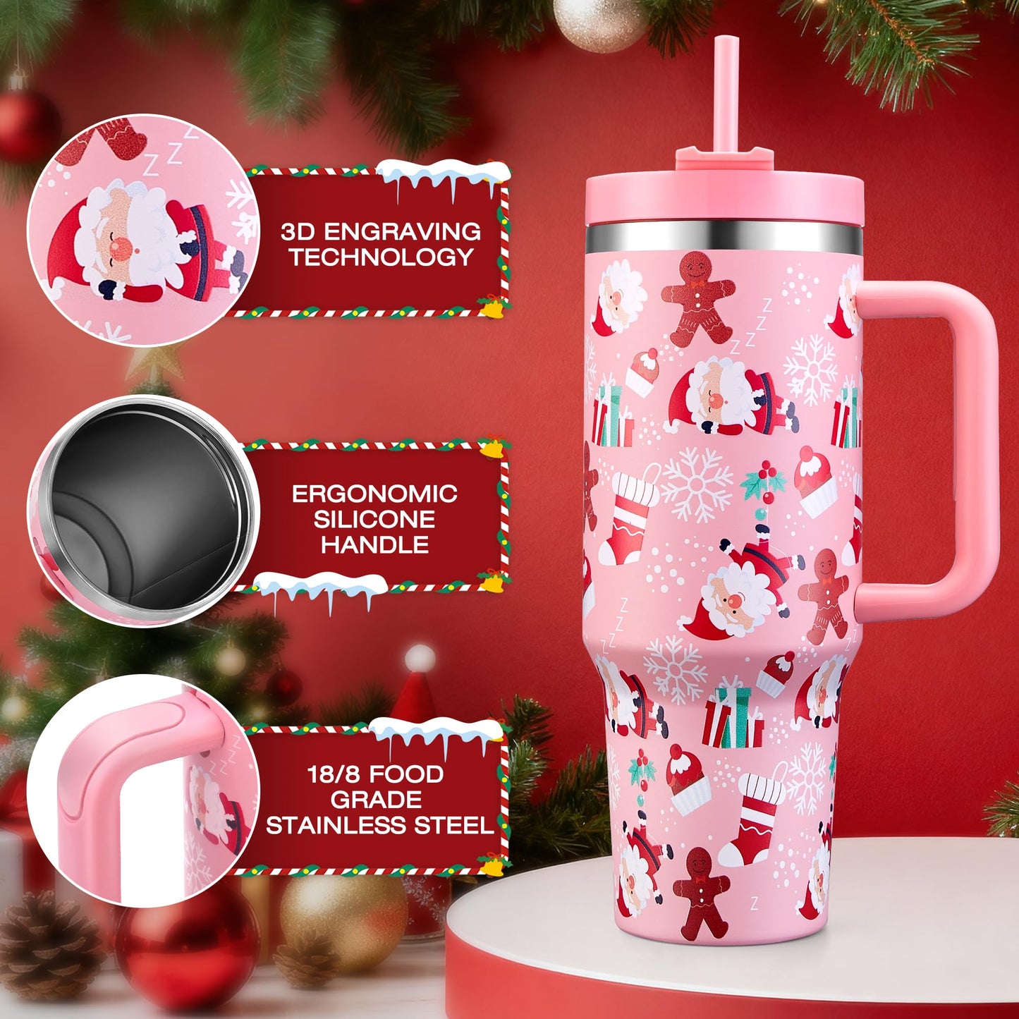TaroKitc Christmas Gifts for Women Men, 40 oz Christmas Tumbler with Handle and Straw Lid, Xmas Insulated Stainless Steel Travel Coffee Mug, Cup Holder Friendly, Pink Santa and Gingerbread Man