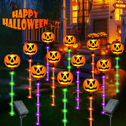 12 Pack Solar Pumpkin Lights for Halloween Decorations Outdoor, Waterproof Halloween Pathway Lights with 8 Modes, Orange Purple and Green Halloween Walkway Stake Lights for Yard Garden Party Decor