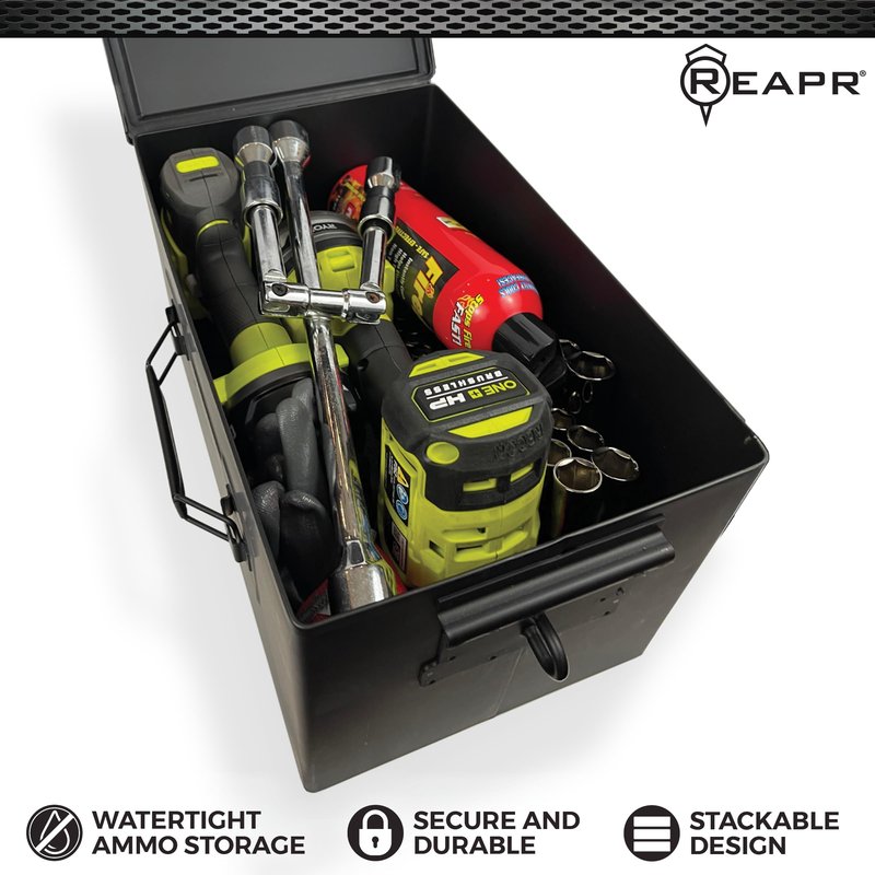 Reapr XL Ammo Box – Lockable Heavy Duty Steel Ammo Can for 9mm, 223, 50 Cal, Airtight Military Storage Case for Tools, Gear or Ammunition, Water Resistant Metal Footlocker Style Organizer