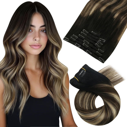 Moresoo Clip in Hair Extensions Real Human Hair Balayage Black to Brown with Caramel Blonde Double Wefted Clip in Human Hair Extensions Full Head 24 inch 7Pcs/120G #1B/3/27
