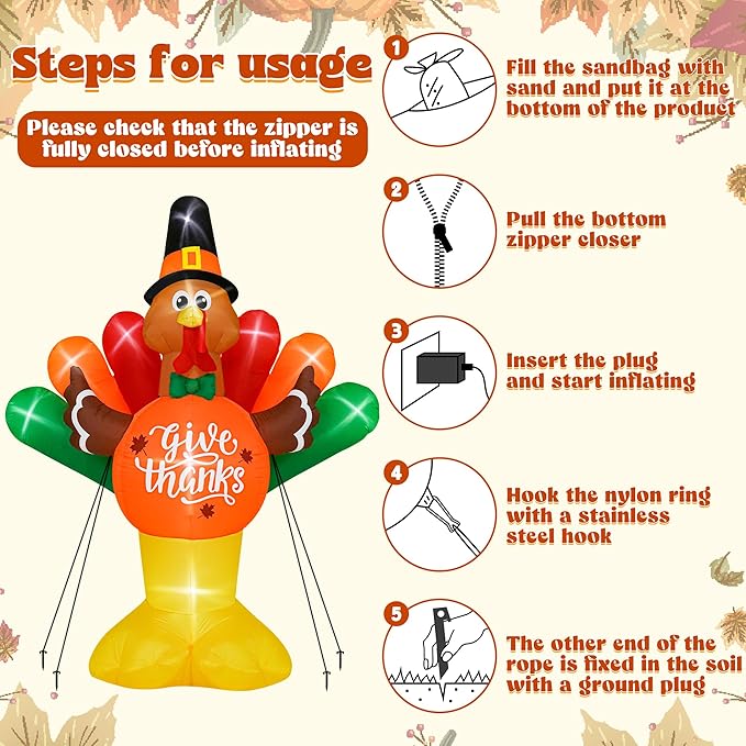 14FT Thanksgiving Inflatables Turkey, Giant Blow Up Turkey with Colorful Tail, Lighted Thanksgiving Outdoor Decorations Give Thanks Turkey Pumpkin for Fall Autumn Harvest Holiday Yard Decor