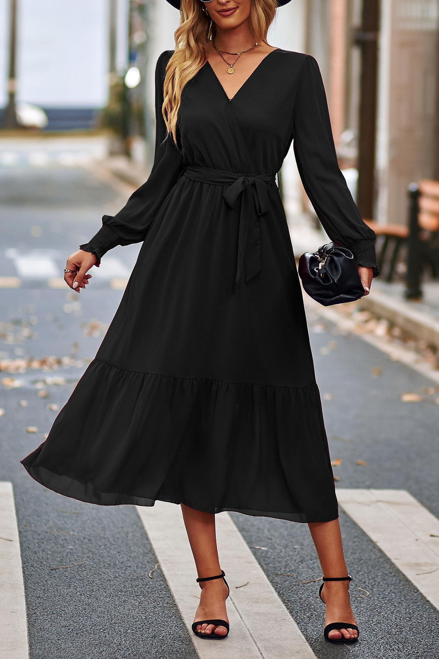 PRETTYGARDEN Women's Floral Boho Dress Fall Long Sleeve Wrap V Neck Ruffle Flowy Maxi Spring Wedding Guest Vacation Dresses (Solid Black,Medium)