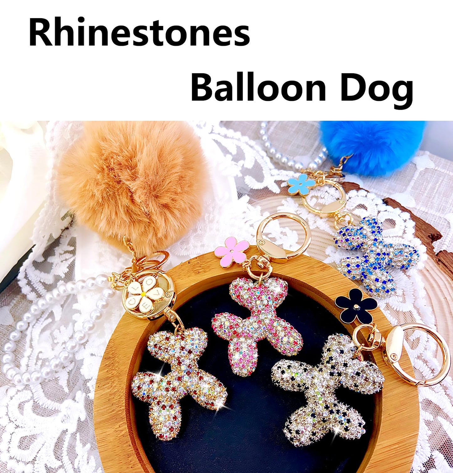 Black Rhinestone Balloon Dog Keychain for Women,Cute Bling Purse Charm,Girls Key Chains for Car Keys Handbag Purse Accessories,Black Keychain Cute