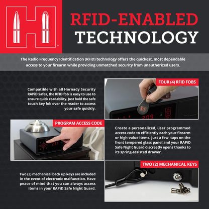 Hornady Rapid Safe Night Guard – Nightstand Gun Safe with RFID Reader, Clock, USB Ports – RFID Safe for Fast, Multiple Method Entry – Includes Rapid Safe, 3 Methods of Entry and Security Cable