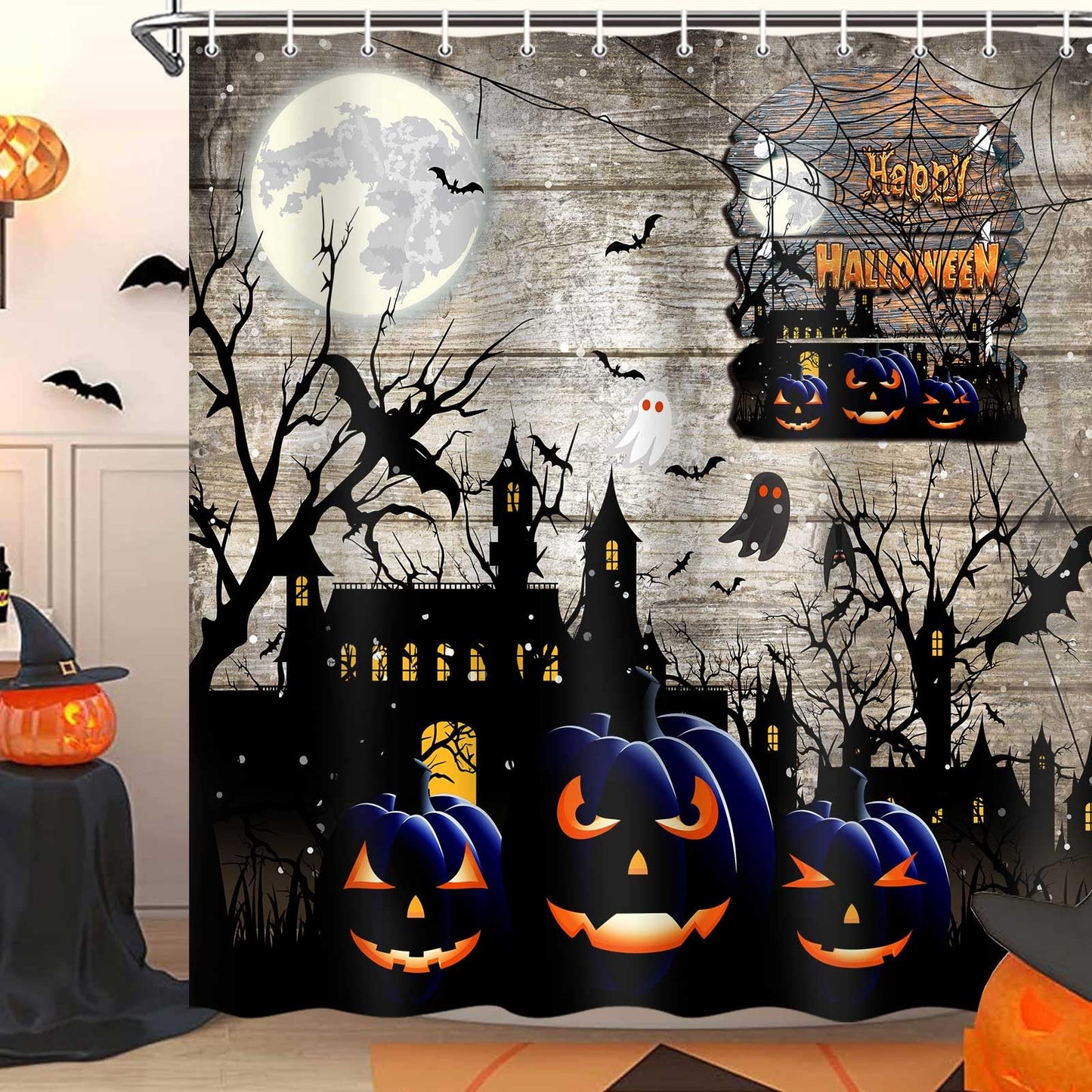 JAWO Halloween Shower Curtain Set, Ghost Pumpkin Horror Bat Rustic Farmhouse Decor Fall Autumn Festival Bath Curtains, 69x70 Inch, Hooks Included