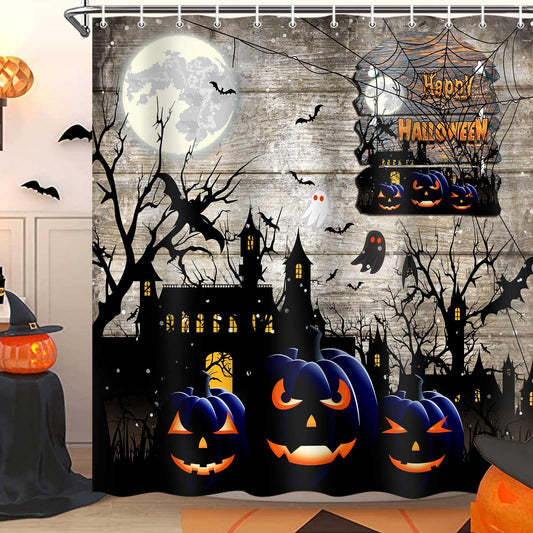 JAWO Halloween Shower Curtain Set, Ghost Pumpkin Horror Bat Rustic Farmhouse Decor Fall Autumn Festival Bath Curtains, 69x70 Inch, Hooks Included