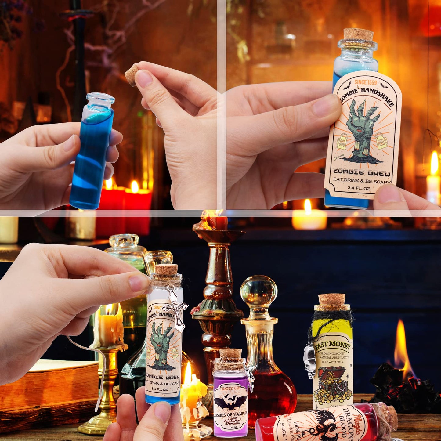 99 Pcs Apothecary Bottles Set with Halloween Stickers & Pendants - Tiered Tray Decor for Indoor Halloween Party Supplies