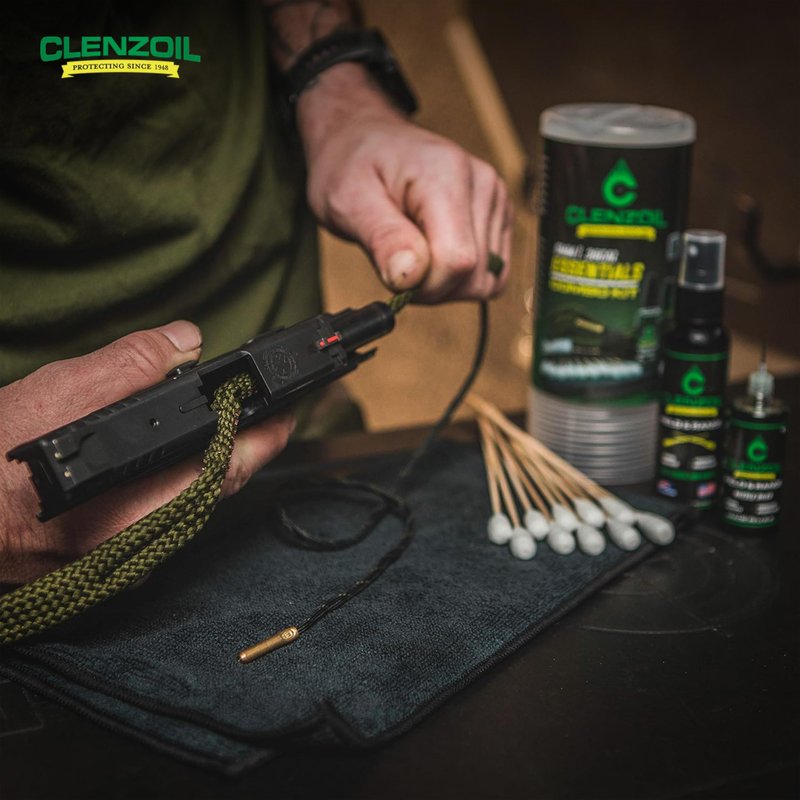 CLENZOIL Field & Range Pistol & Rifle Essentials Gun Cleaning Kit | CLP Spray & Oiler with Bores Cleaner | Clean, Lubricate & Protect | Nylon Brush, Bore Swabs & Microfiber (9mm | 38 Caliber)