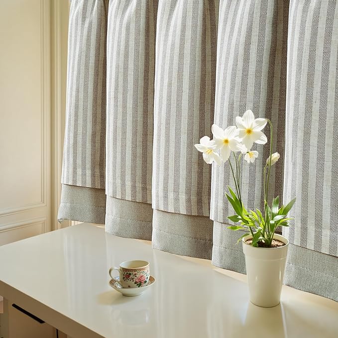 jinchan Double Layer Striped Linen Kitchen Tier Curtain Rustic Cafe for Living Room Bathroom Half Window Curtain Light Filtering Rod Pocket 1 Panel 24 Inch Taupe Grey