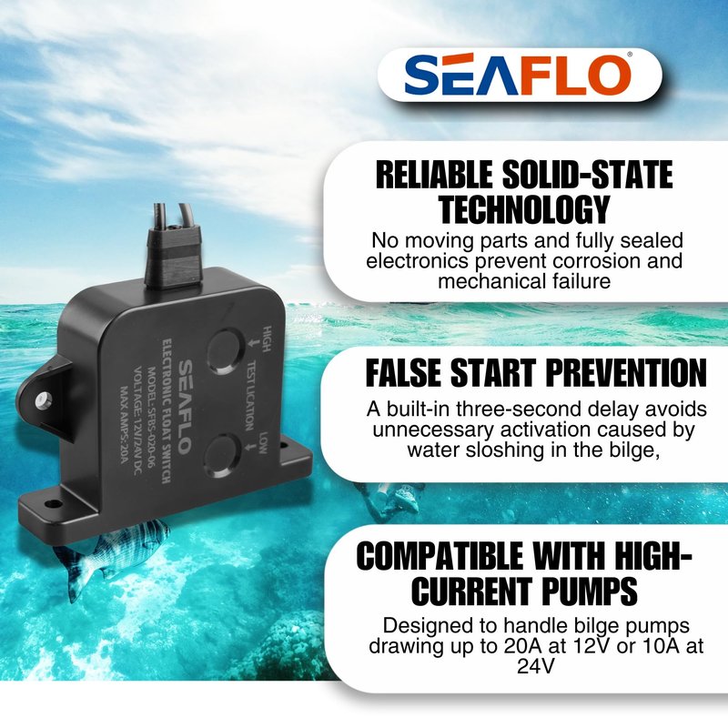 SEAFLO Electric Field Bilge Switch - 12V/24V, 20A at 12V or 10A at 24V, Automatic Water Level Sensor Switch, No Float, Solid State Bilge Pump Switch, Marine Boat, SFBS-20-06, 4-Year Warranty