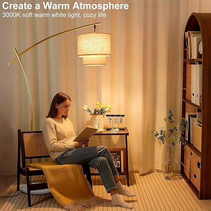 Lightdot Arc Floor Lamp for Living Room, Modern Standing Tall Lamps with Double Linen Lampshade, Tall Hanging Pole Lamp with Stable Metal Base & Foot Switch for Bedroom Home Office-Gold