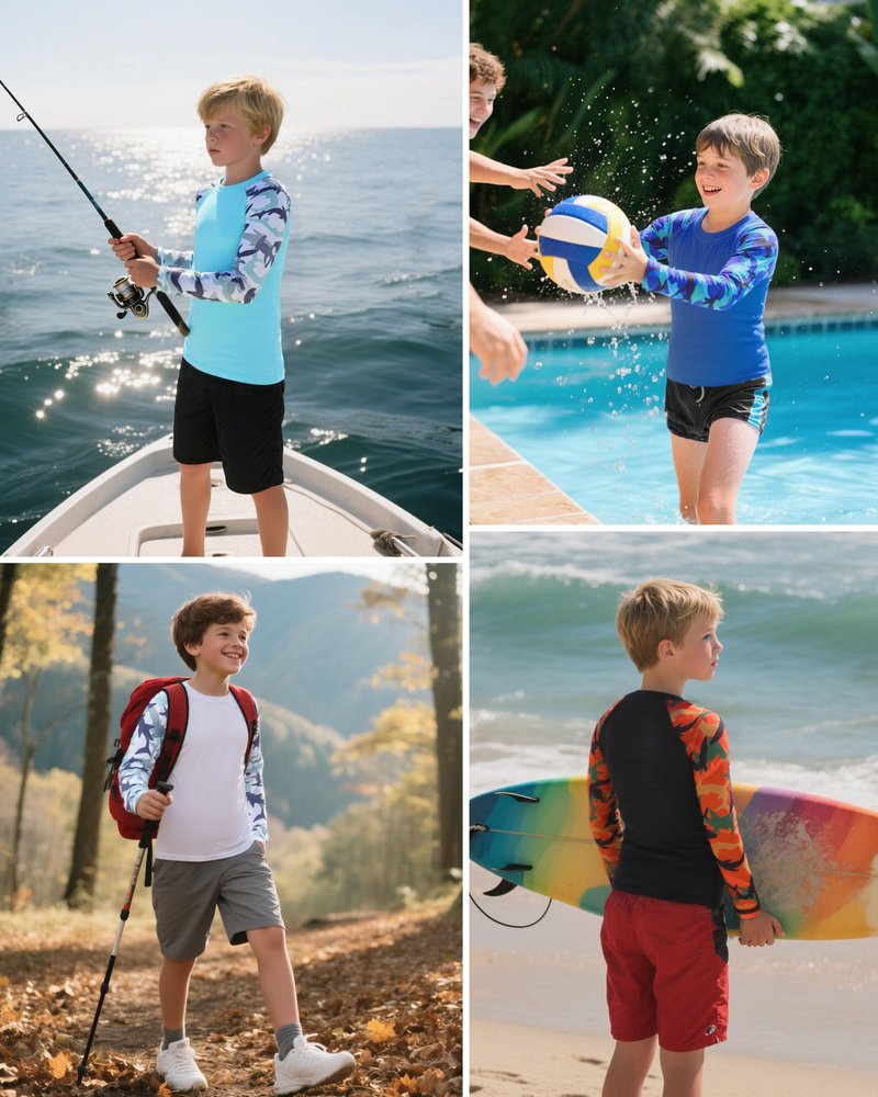DRONIRING Boys' UPF 50+ Rash Guard Swim Shirts, Youth Kids UV Sun Protection Long Sleeve, Water Shirts for Fishing Beach Ocean Blue