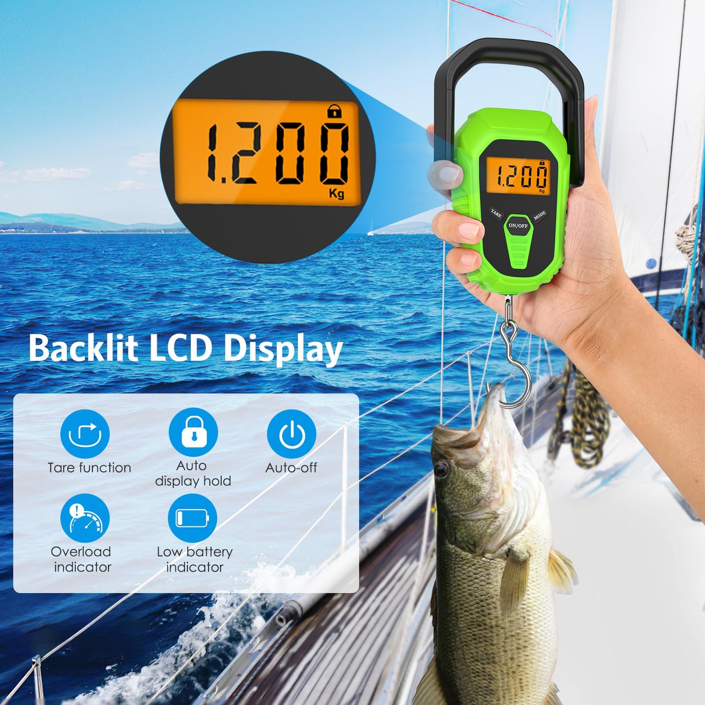 AMIR Digital Fishing Scale, 110lb/50kg Portable Luggage Scale, Electronic Fishing Scale with Lip Gripper, Digital Weight Scale with 38'' Tape Measure, Batteries Included