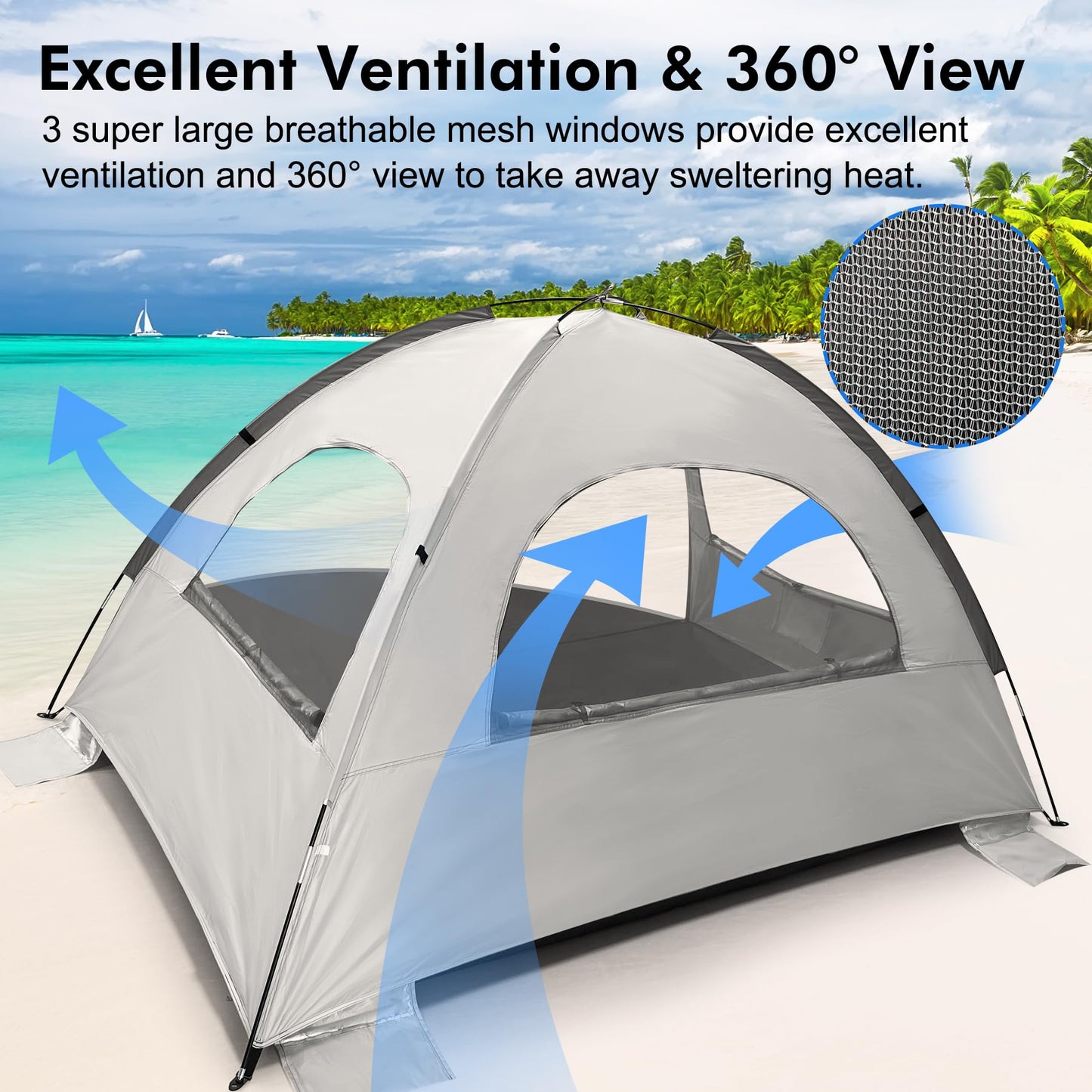 WhiteFang Beach Tent Anti-UV Portable Sun Shade Shelter for 6 Person, Extendable Floor with 3 Ventilating Mesh Windows Plus Carrying Bag, Stakes and Guy Lines (Baby's Breath)