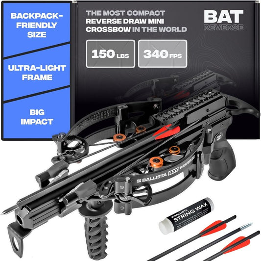 BALLISTA BAT Reverse Draw Mini Crossbow - 340 FPS, 150lbs Power | Lightweight 3lbs for Hunting & Target Shooting