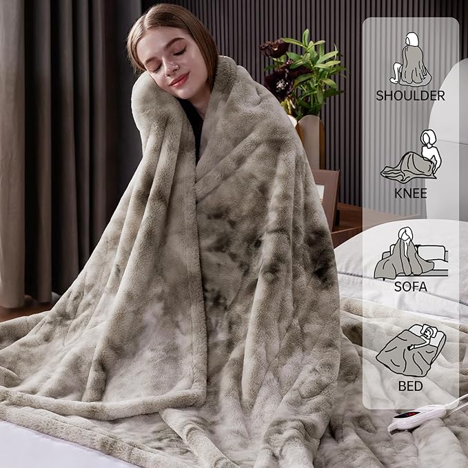 Guohaoi Heated Blanket Electric Throw, Soft Faux Rabbit Fur Electric Blanket with 10 Heating Levels 5 Sitting Timer Auto Off, Cozy Warm Heating Blankets, Machine Washable(50"×60" Light Grey)