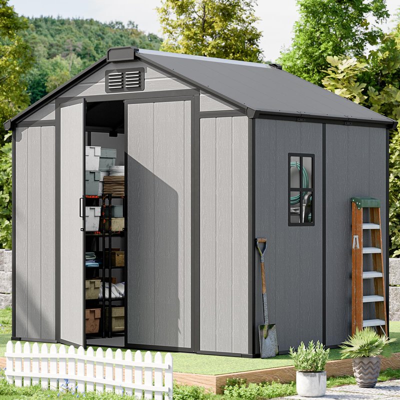 CDCASA 8x6x7 FT Resin Shed with Floor Included, Steel‑Reinforced Large Waterproof Outdoor Storage Sheds with Base & Lockable Door & Window & Vents, Outside Plastic Tool for Outside Patio Backyard