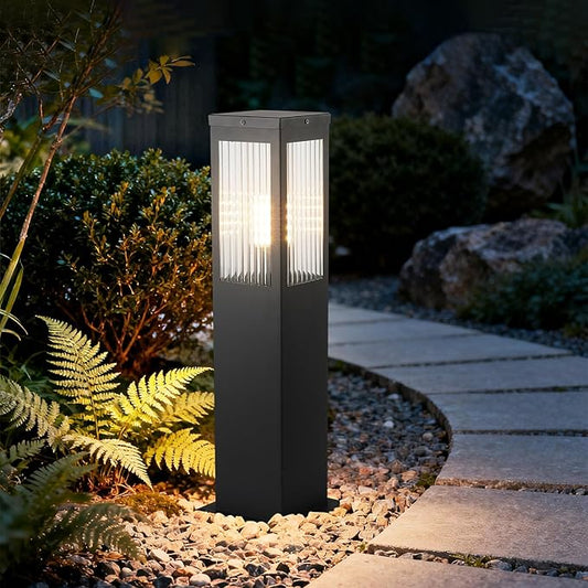 Outdoor Landscape Path Light Stainless Steel Waterproof Bollard Lighting Hardwired E26 Glass Post Pillar Lights Black Modern Lawn Lighting Outside House Pathway Lamp For Garden Patio Yard Street Light