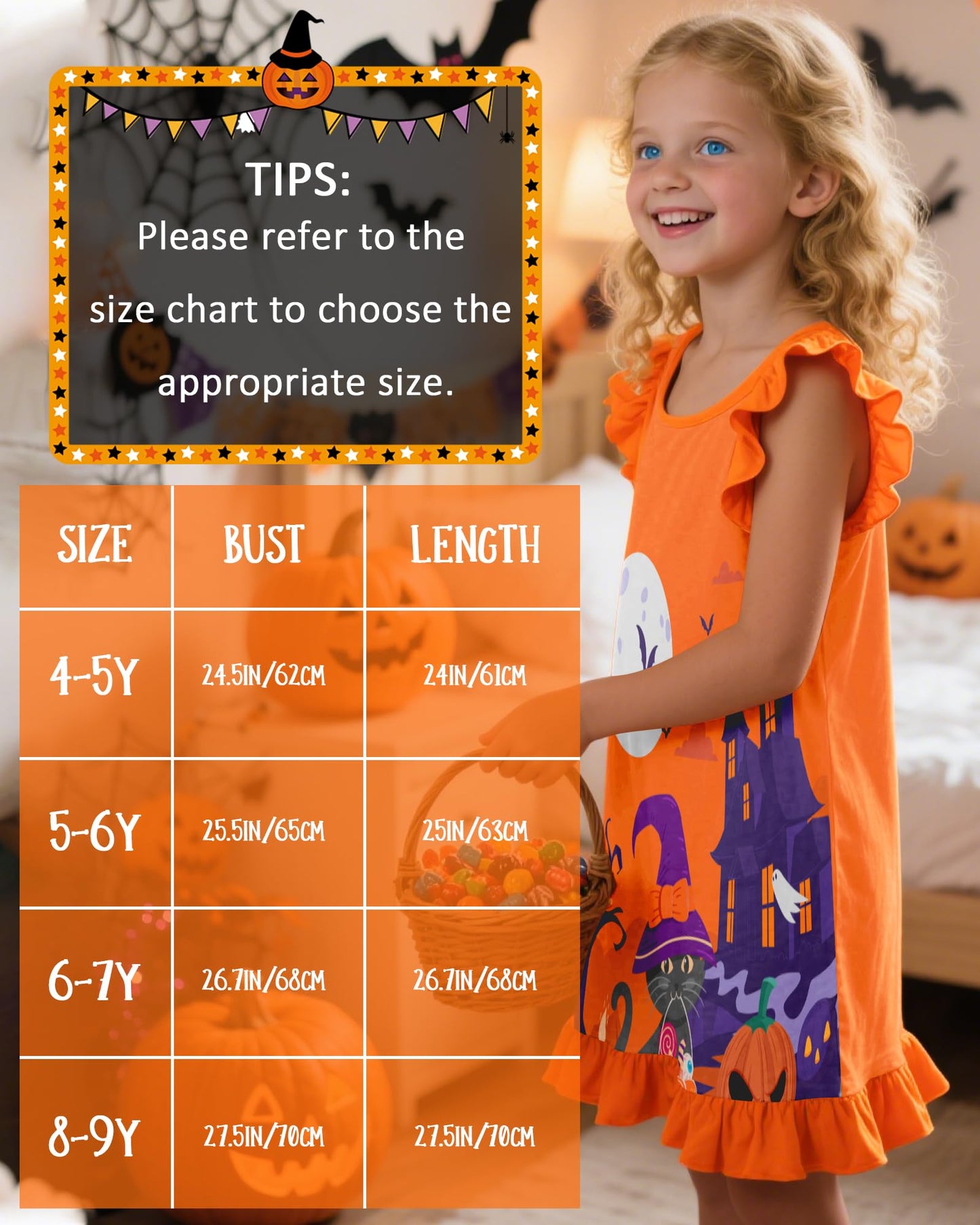 Sylfairy Girls Halloween Nightgown, Ghost Toddler Nightgown Princess Pajama Dresses for Girls Sleepwear Nightie Orange Size 6 Size 7
