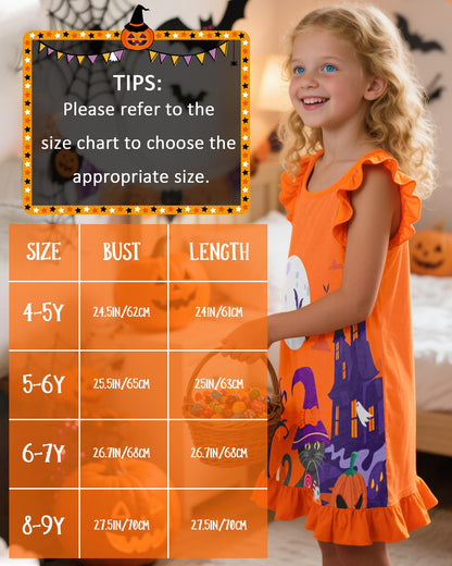 Sylfairy Girls Halloween Nightgown, Ghost Toddler Nightgown Princess Pajama Dresses for Girls Sleepwear Nightie Orange Size 6 Size 7