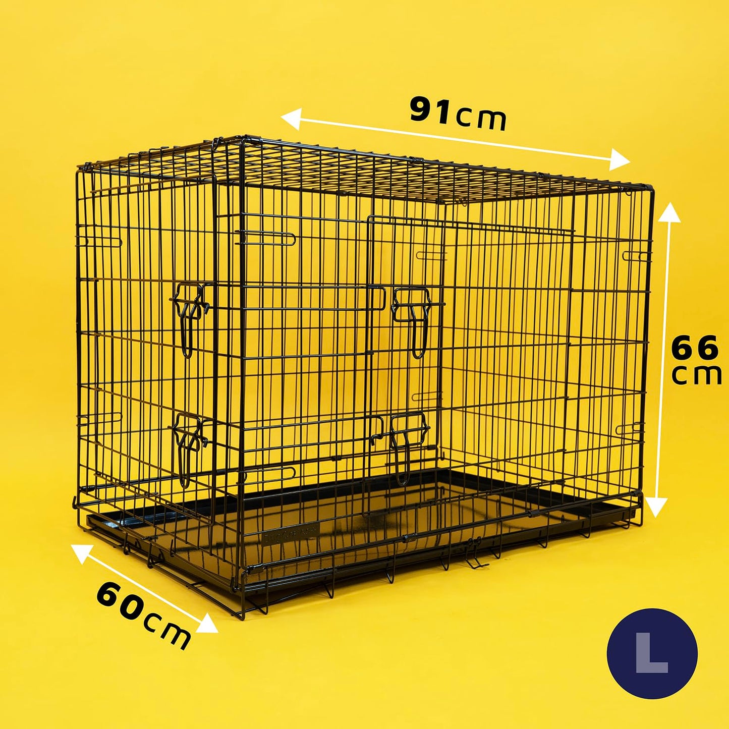 DogCrates+ Large Foldable Dog Crate with 2 Doors, Non-Chew Metal, Removable Tray, 36-Inch Black