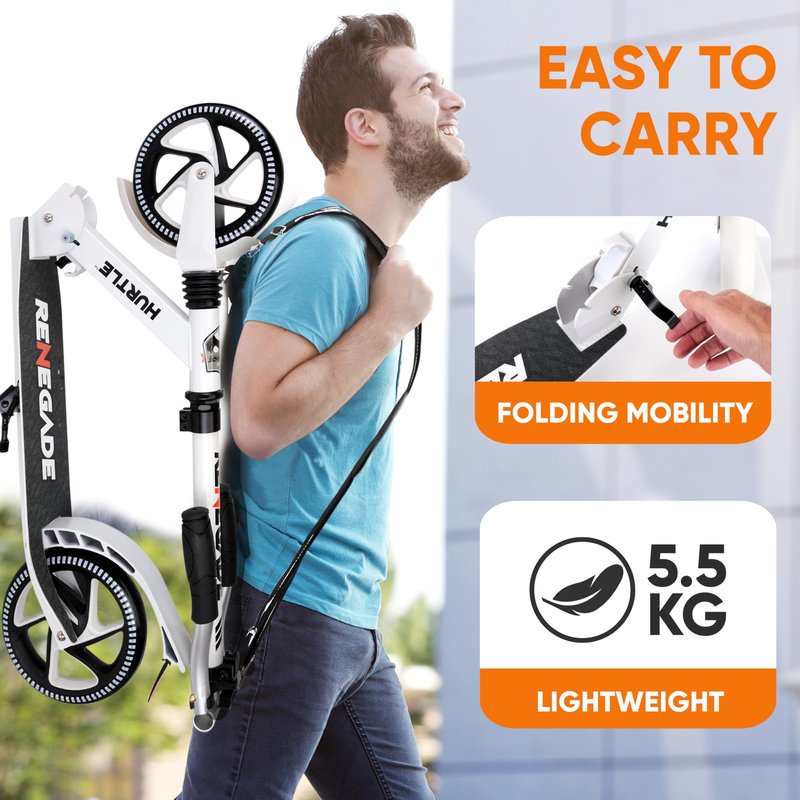 Hurtle Renegade Kick Scooters for Kids Teenagers Adults- 2 Wheel Kids Scooter with Adjustable T-Bar Handlebar - Alloy Anti-Slip Deck - Portable Folding Scooters for Kids with Carrying Strap