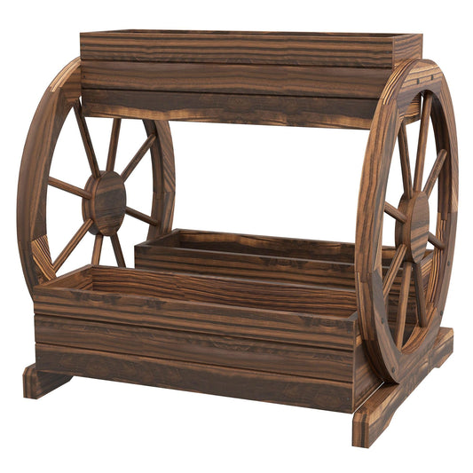 ZAVEROX 3-Tier Solid Wood Wagon Planter Box Raised Garden Bed Dimensions 25x21x24 Sturdy Exceptionally Durable Beige Brown Finish