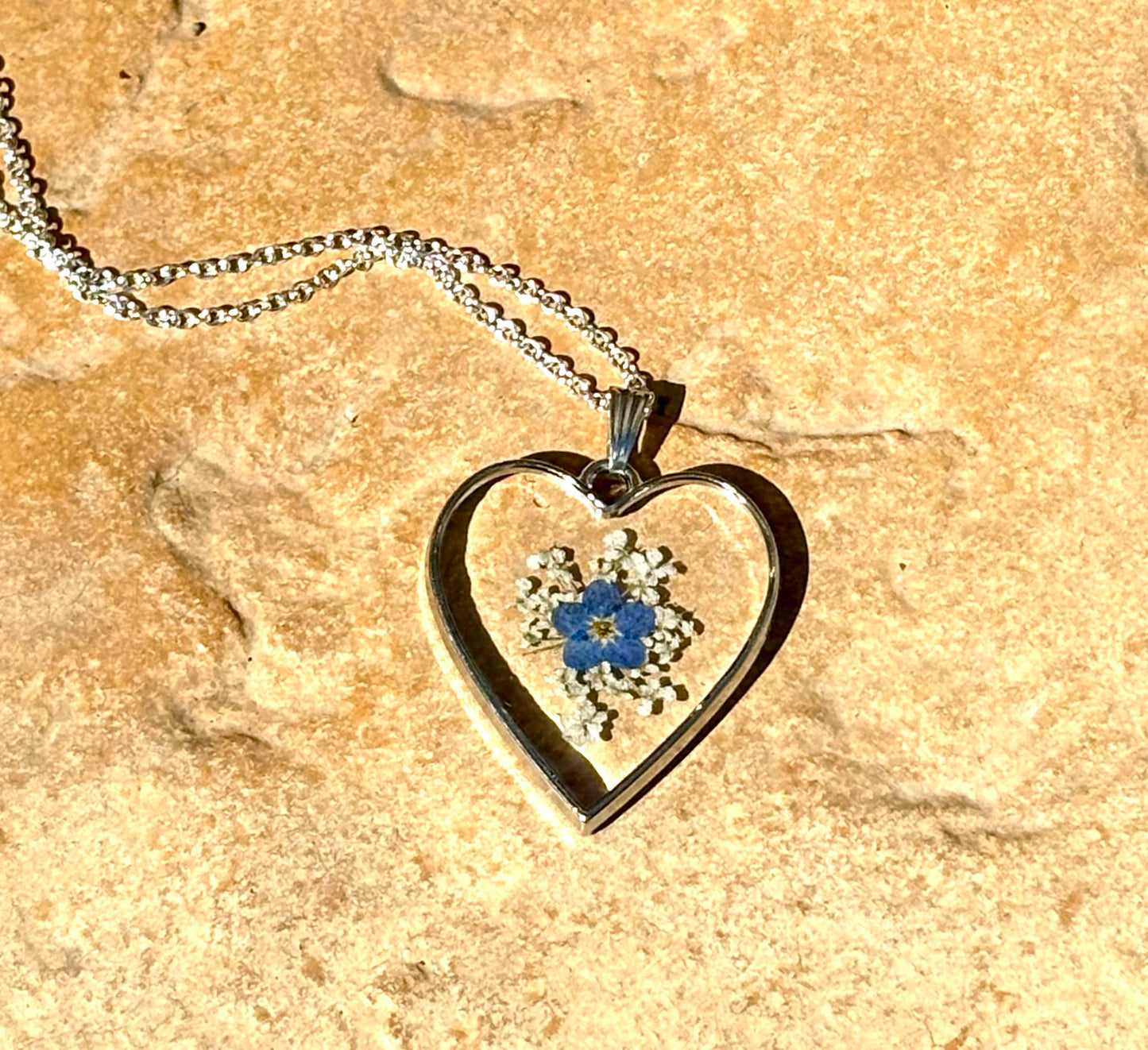 Handmade Forget Me Not and Queen Annes Lace Flower Keepsake Pendant and silver necklace. 13th Lace Anniversary gift (Silver Heart Forget Me Not Pendant)