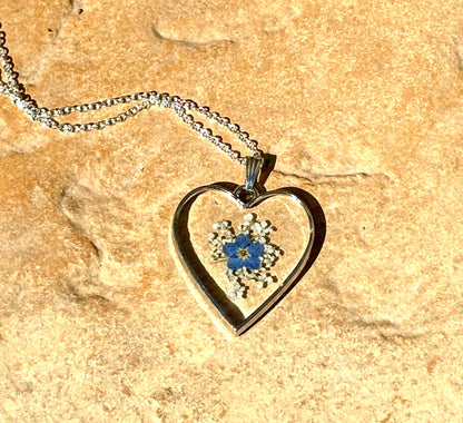 Handmade Forget Me Not and Queen Annes Lace Flower Keepsake Pendant and silver necklace. 13th Lace Anniversary gift (Silver Heart Forget Me Not Pendant)
