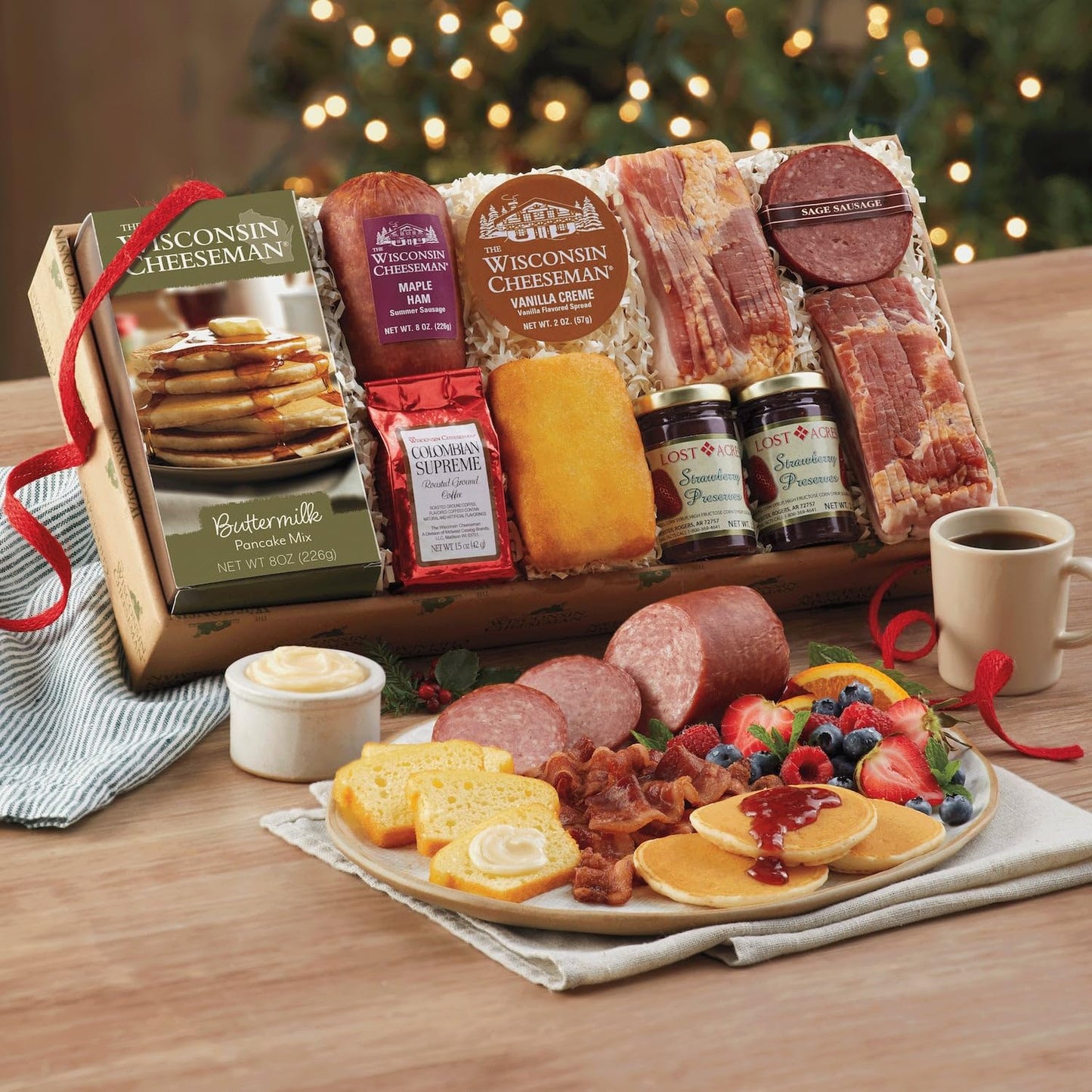 The Wisconsin Cheeseman Breakfast Gift Basket for Adults – Holiday Gift Set with Buttermilk Pancake Mix, Summer Sausage Meats, Bacon, Coffee, and Fruit Spreads