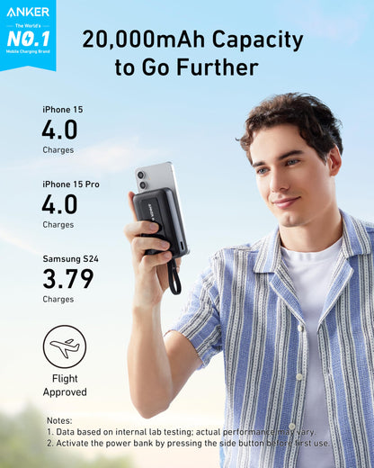 Anker Zolo Power Bank, 20,000mAh 30W High-Speed Portable Charger with Built-In USB-C Cable, Battery Pack For iPhone 17/17 Air/17 Pro/17 Pro Max/16/15 Series, Galaxy, and More
