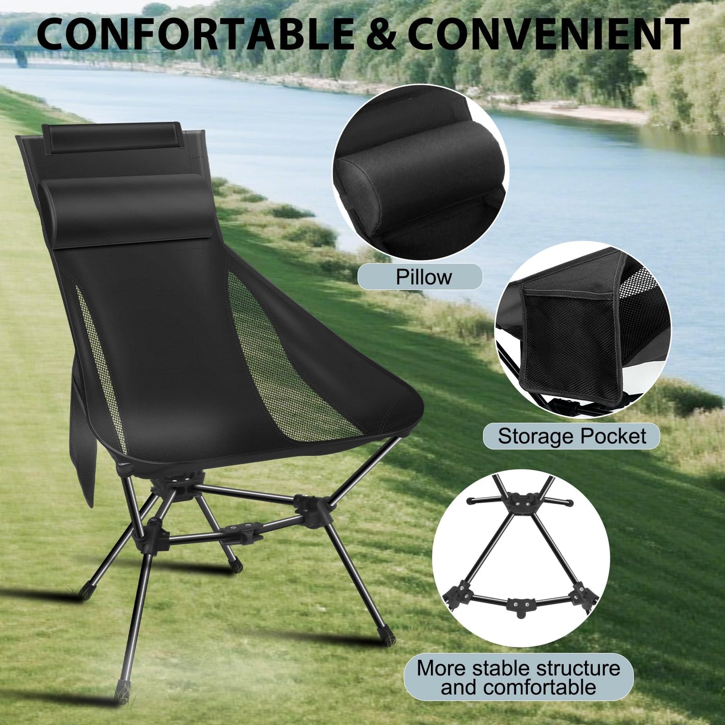 JITOOW Camping Chairs, Portable Camping Chair with Headrest and Storage Bag, Lightweight Foldable Chair for Outside Camping, Hiking, Travel, Beach and Sports
